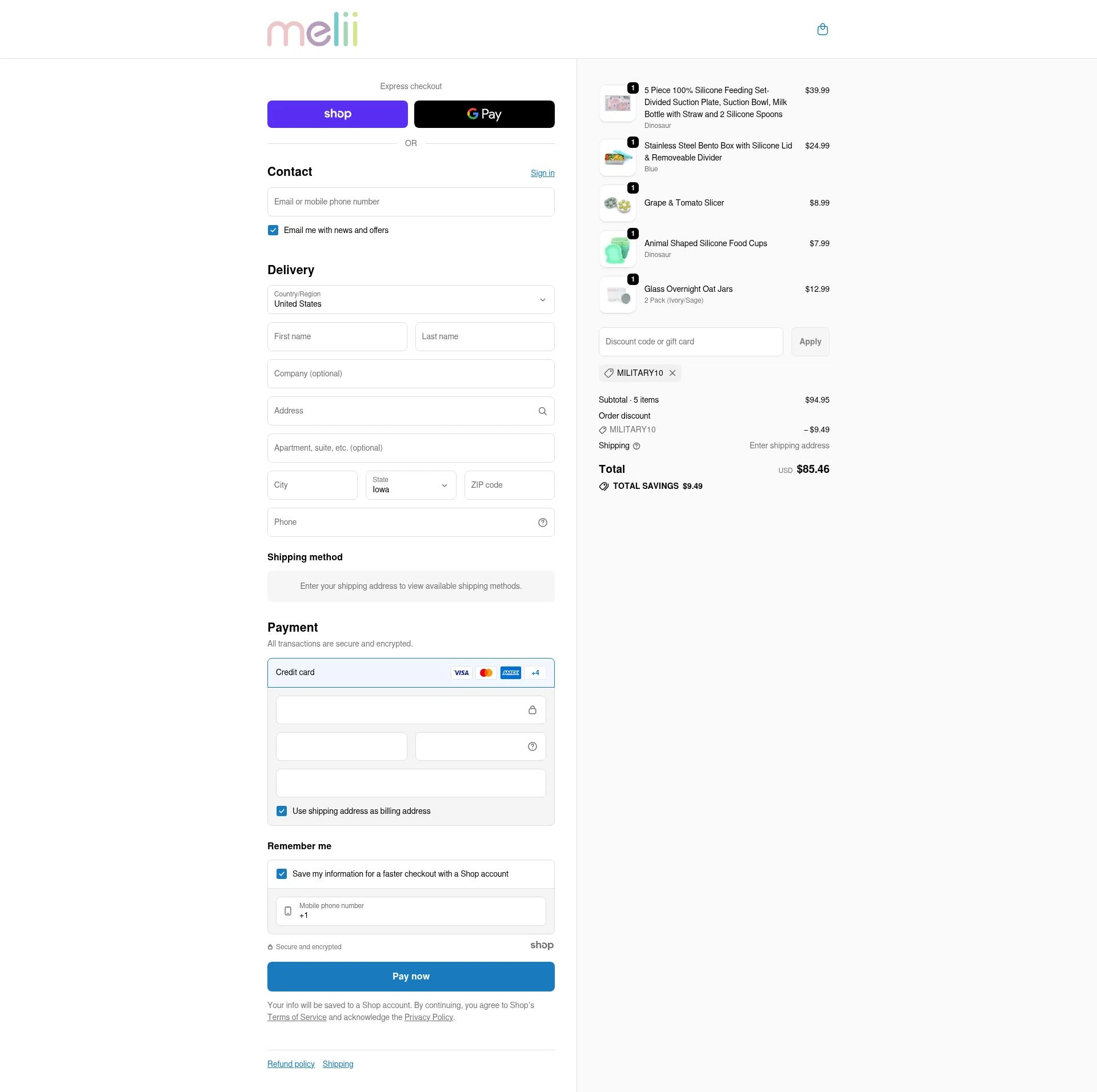 Melii checkout page showing Melii promo code box | Screenshot taken by SimplyCodes community member on Nov 27, 2025