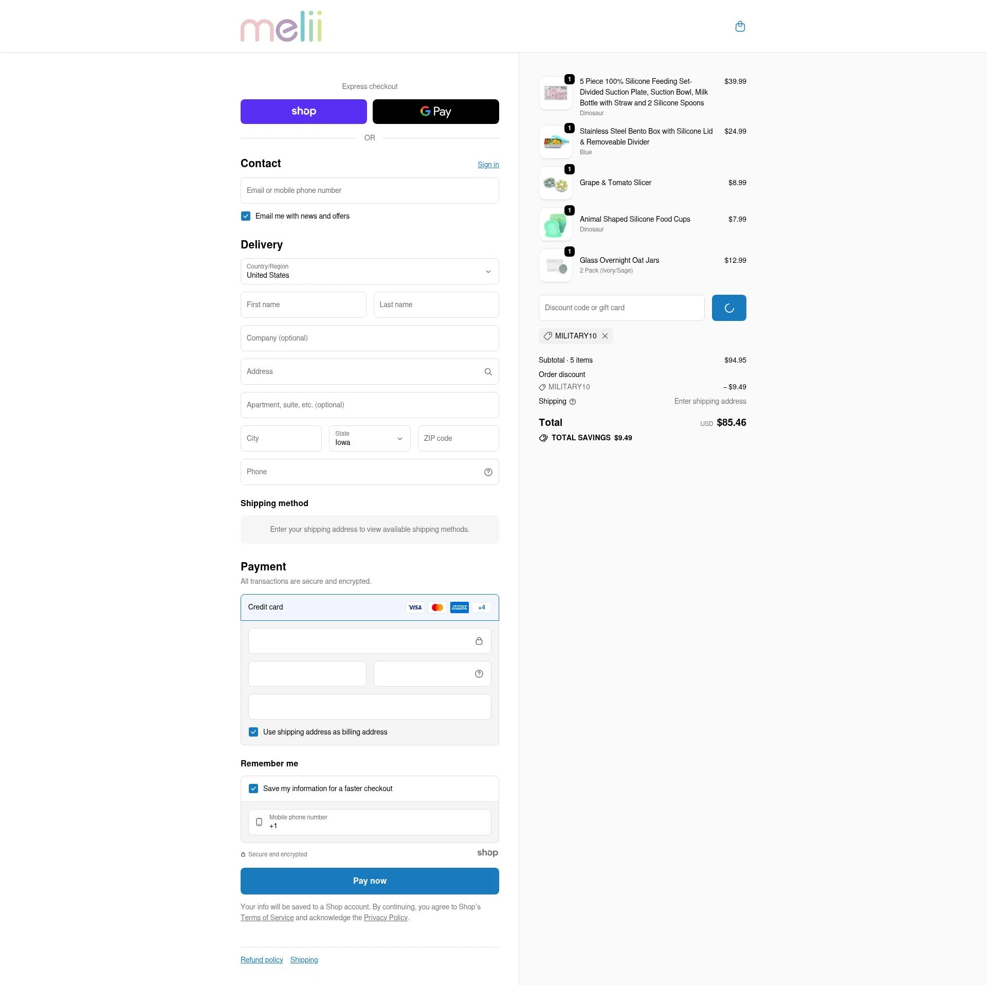 Melii checkout page showing Melii promo code box | Screenshot taken by SimplyCodes community member on Dec 25, 2025