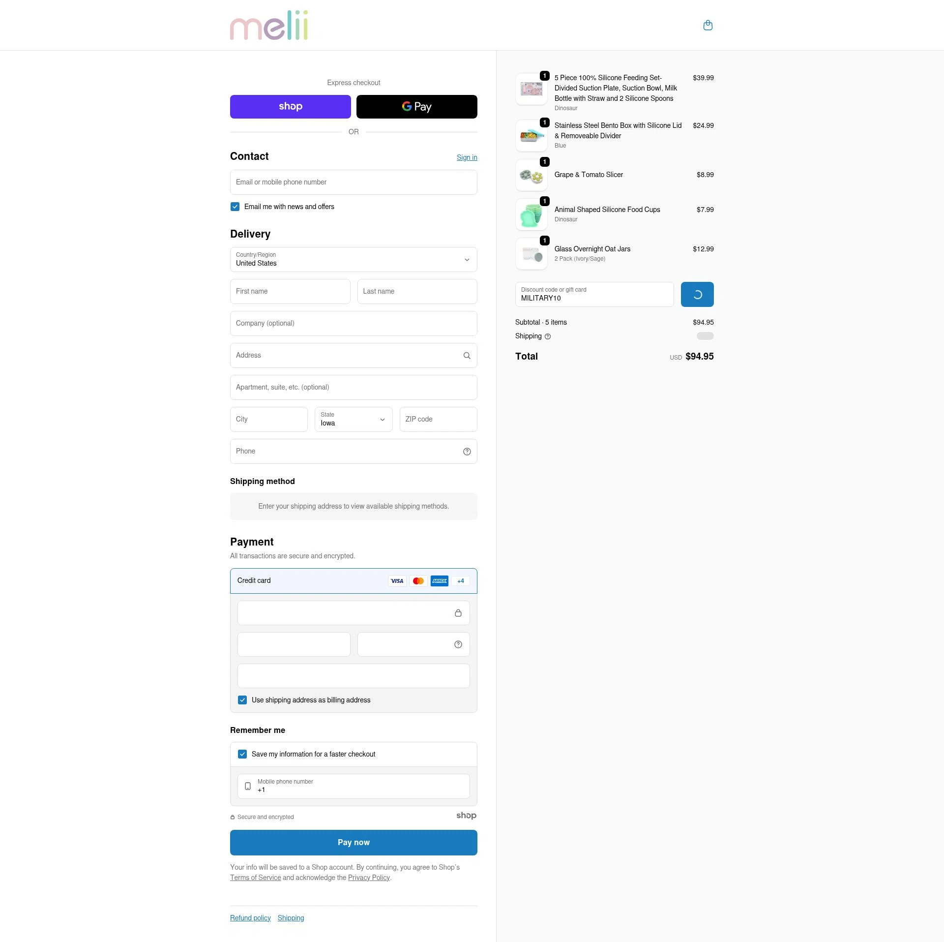 Melii checkout page showing Melii promo code box | Screenshot taken by SimplyCodes community member on Dec 20, 2025