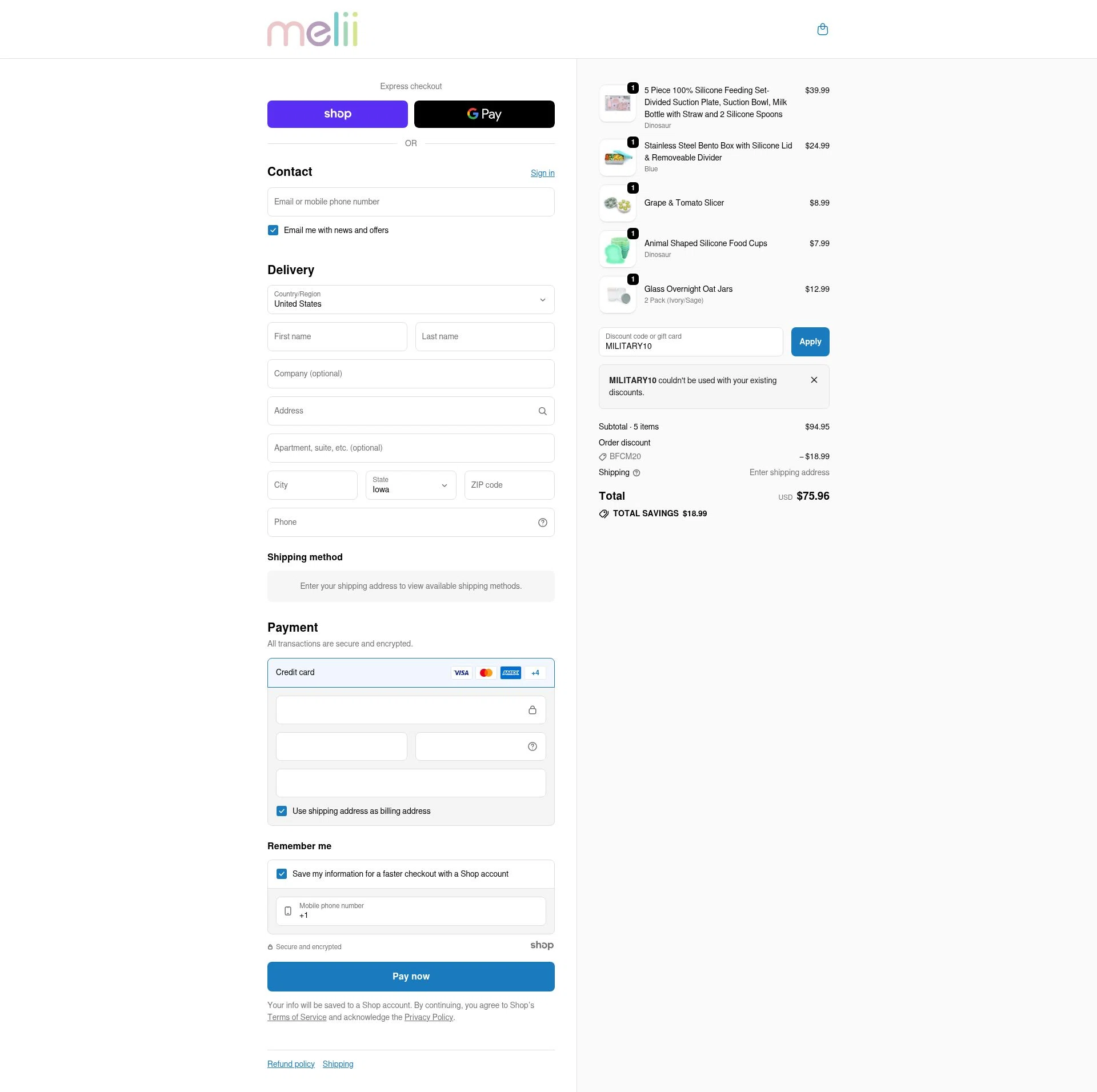 Melii checkout page showing Melii promo code box | Screenshot taken by SimplyCodes community member on Dec 2, 2025