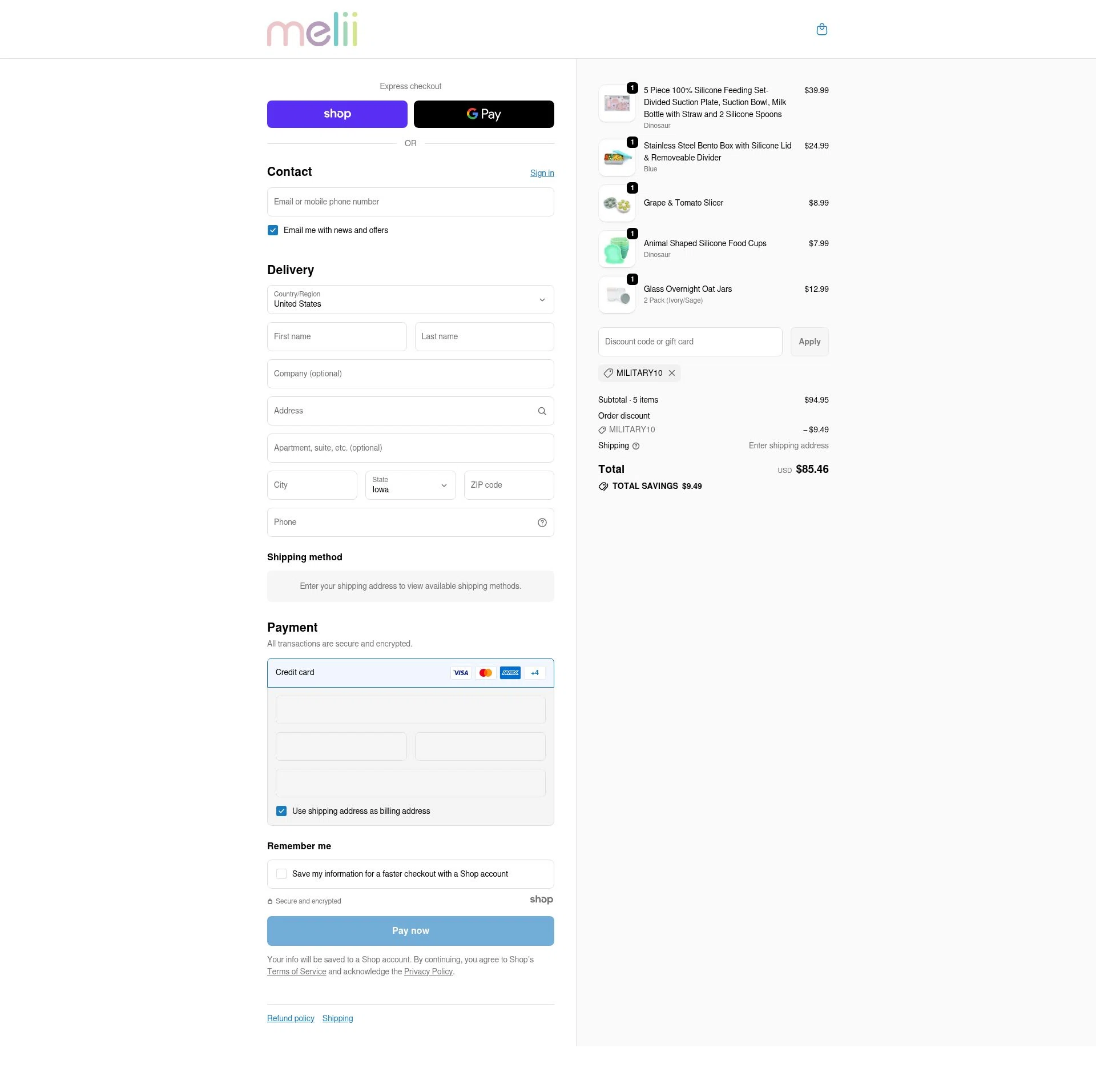 Melii checkout page showing Melii promo code box | Screenshot taken by SimplyCodes community member on Nov 27, 2025
