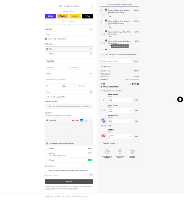 Melinda Maria Jewelry checkout page showing Melinda Maria Jewelry coupon code box | Screenshot taken by SimplyCodes community member on Aug 31, 2025