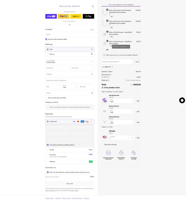 Melinda Maria Jewelry checkout page showing Melinda Maria Jewelry coupon code box | Screenshot taken by SimplyCodes community member on Aug 27, 2025