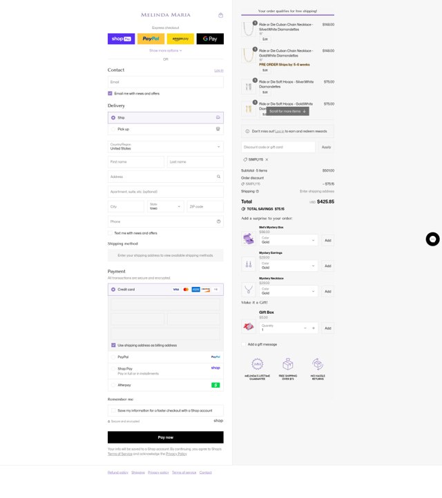 Melinda Maria Jewelry checkout page showing Melinda Maria Jewelry coupon code box | Screenshot taken by SimplyCodes community member on Aug 23, 2025