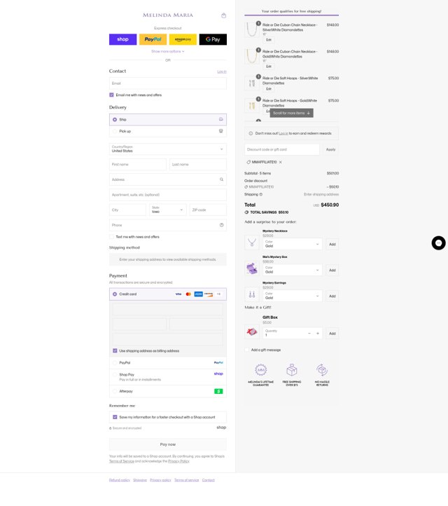 Melinda Maria Jewelry checkout page showing Melinda Maria Jewelry coupon code box | Screenshot taken by SimplyCodes community member on Aug 31, 2025