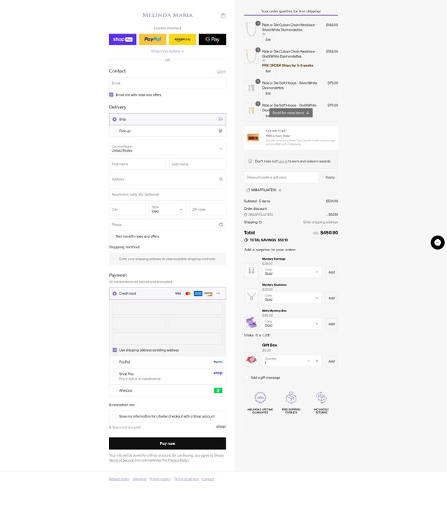 Melinda Maria Jewelry checkout page showing Melinda Maria Jewelry coupon code box | Screenshot taken by SimplyCodes community member on Aug 17, 2025