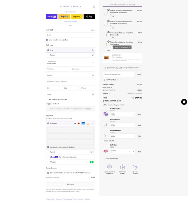 Melinda Maria Jewelry checkout page showing Melinda Maria Jewelry coupon code box | Screenshot taken by SimplyCodes community member on Aug 13, 2025