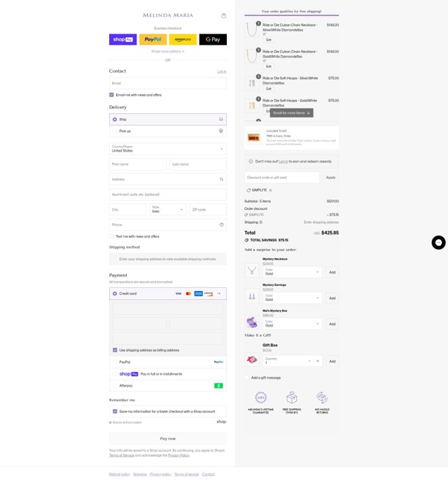 Melinda Maria Jewelry checkout page showing Melinda Maria Jewelry coupon code box | Screenshot taken by SimplyCodes community member on Aug 13, 2025