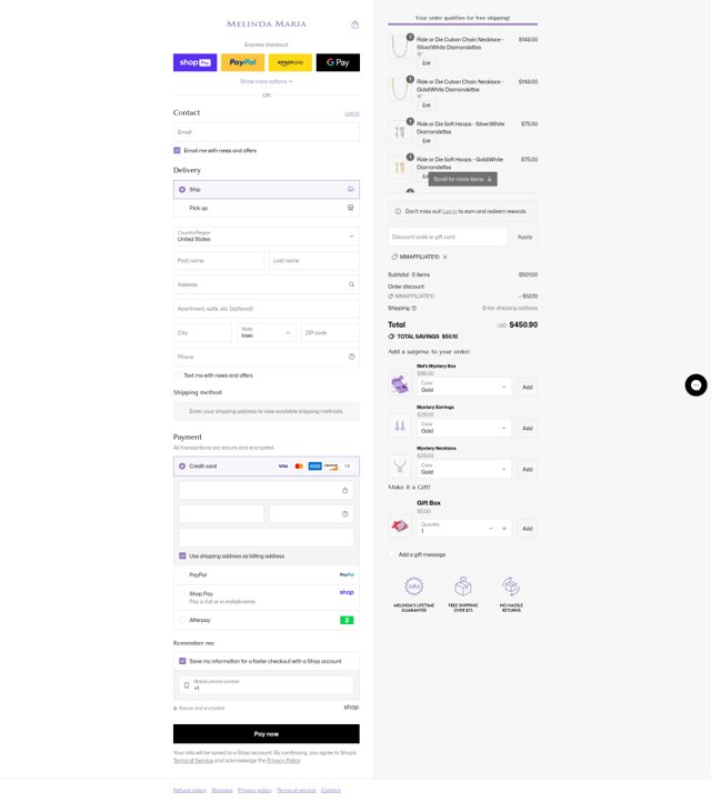 Melinda Maria Jewelry checkout page showing Melinda Maria Jewelry coupon code box | Screenshot taken by SimplyCodes community member on Aug 27, 2025