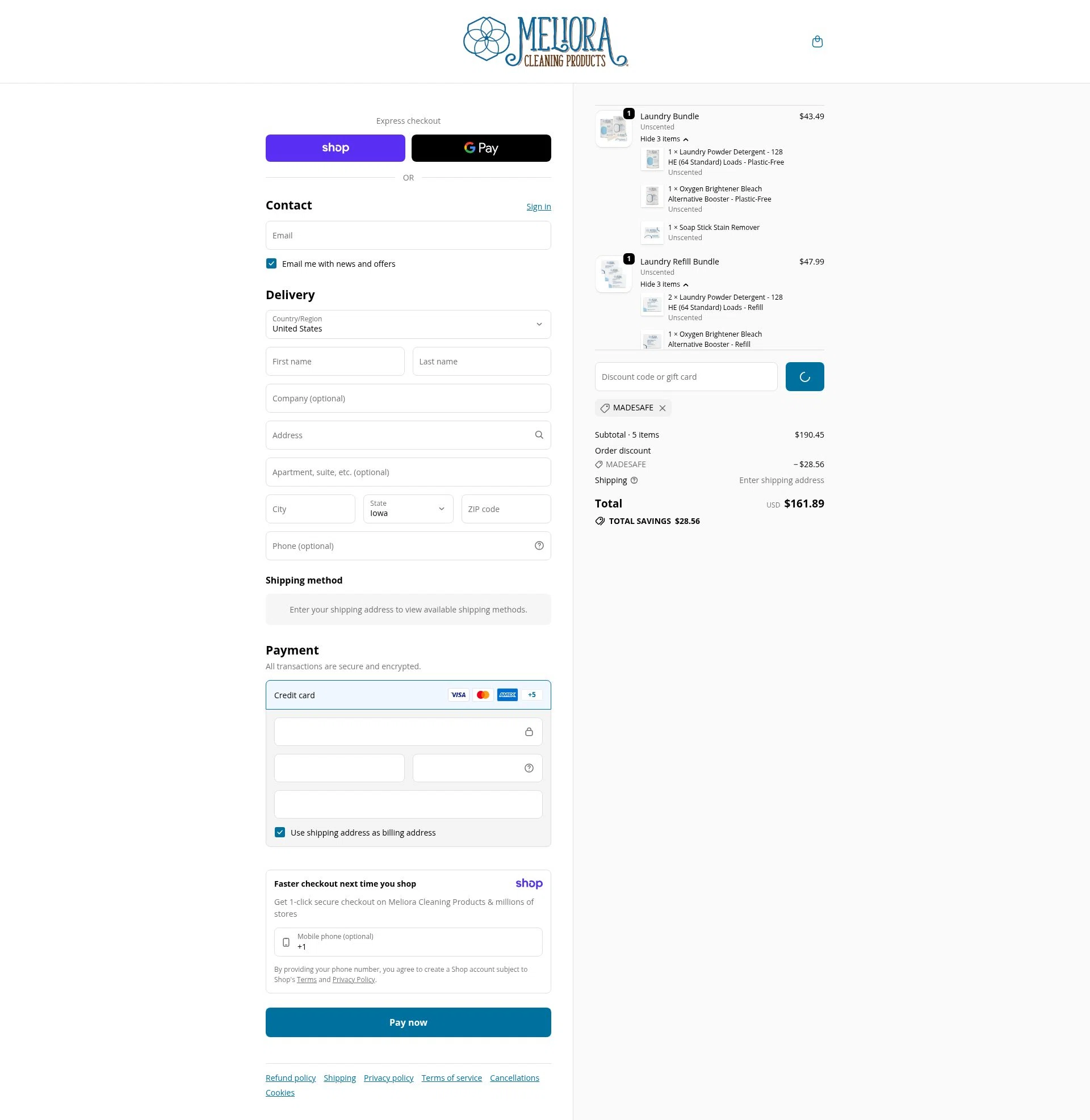 Meliora Cleaning Products checkout page showing Meliora Cleaning Products promo code box | Screenshot taken by SimplyCodes community member on Jan 8, 2026