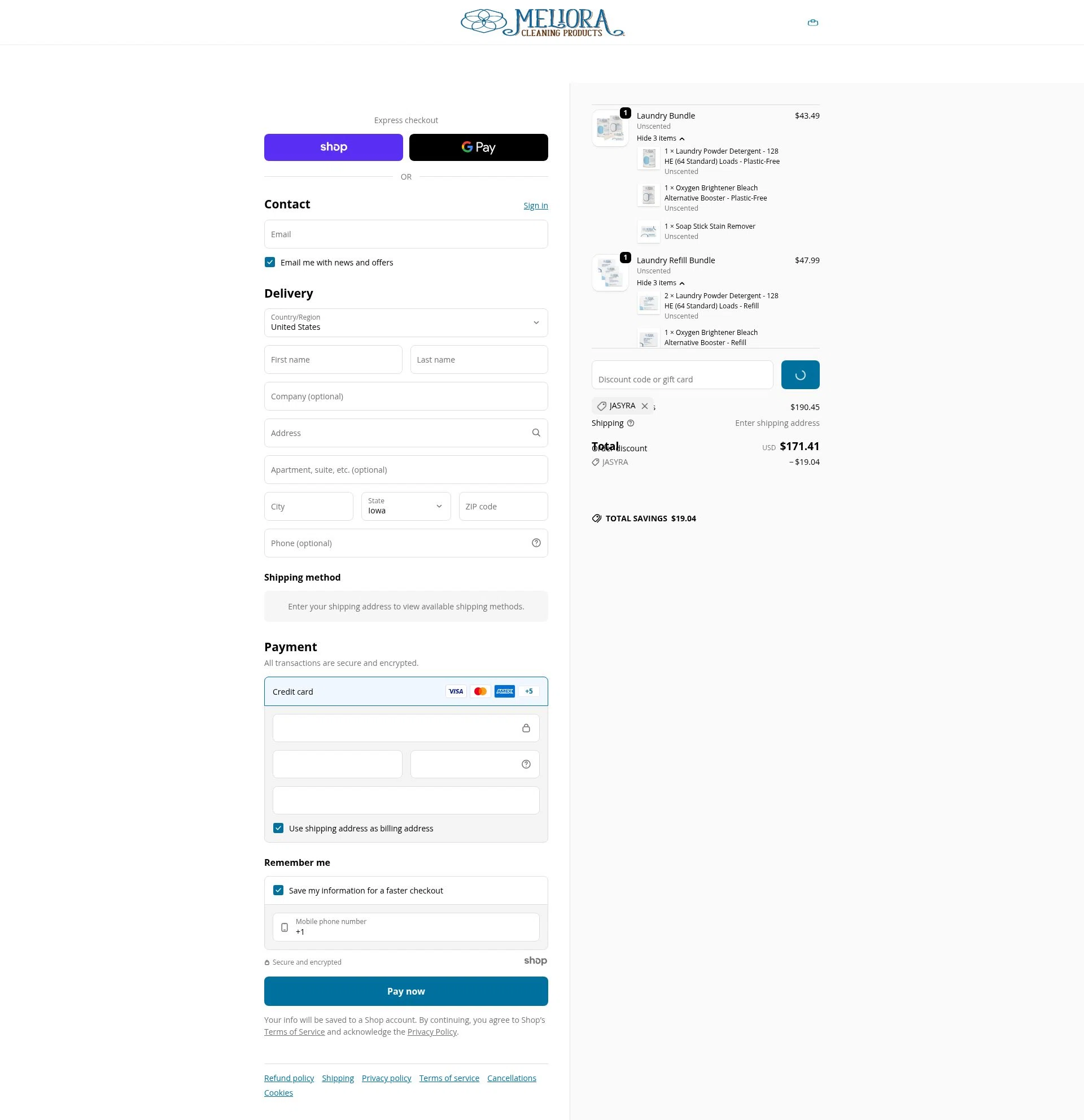 Meliora Cleaning Products checkout page showing Meliora Cleaning Products promo code box | Screenshot taken by SimplyCodes community member on Jan 8, 2026