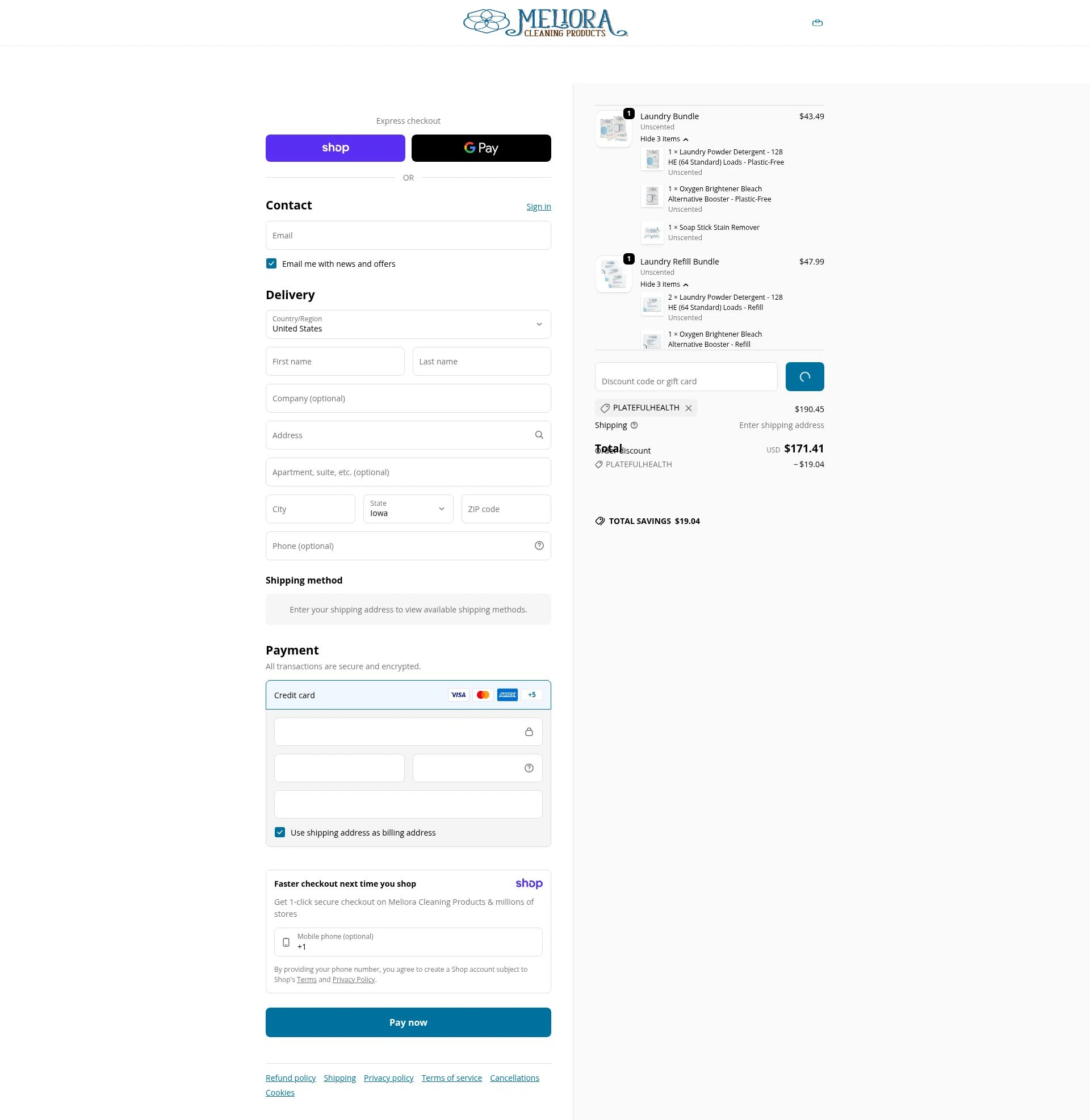 Meliora Cleaning Products checkout page showing Meliora Cleaning Products promo code box | Screenshot taken by SimplyCodes community member on Jan 8, 2026