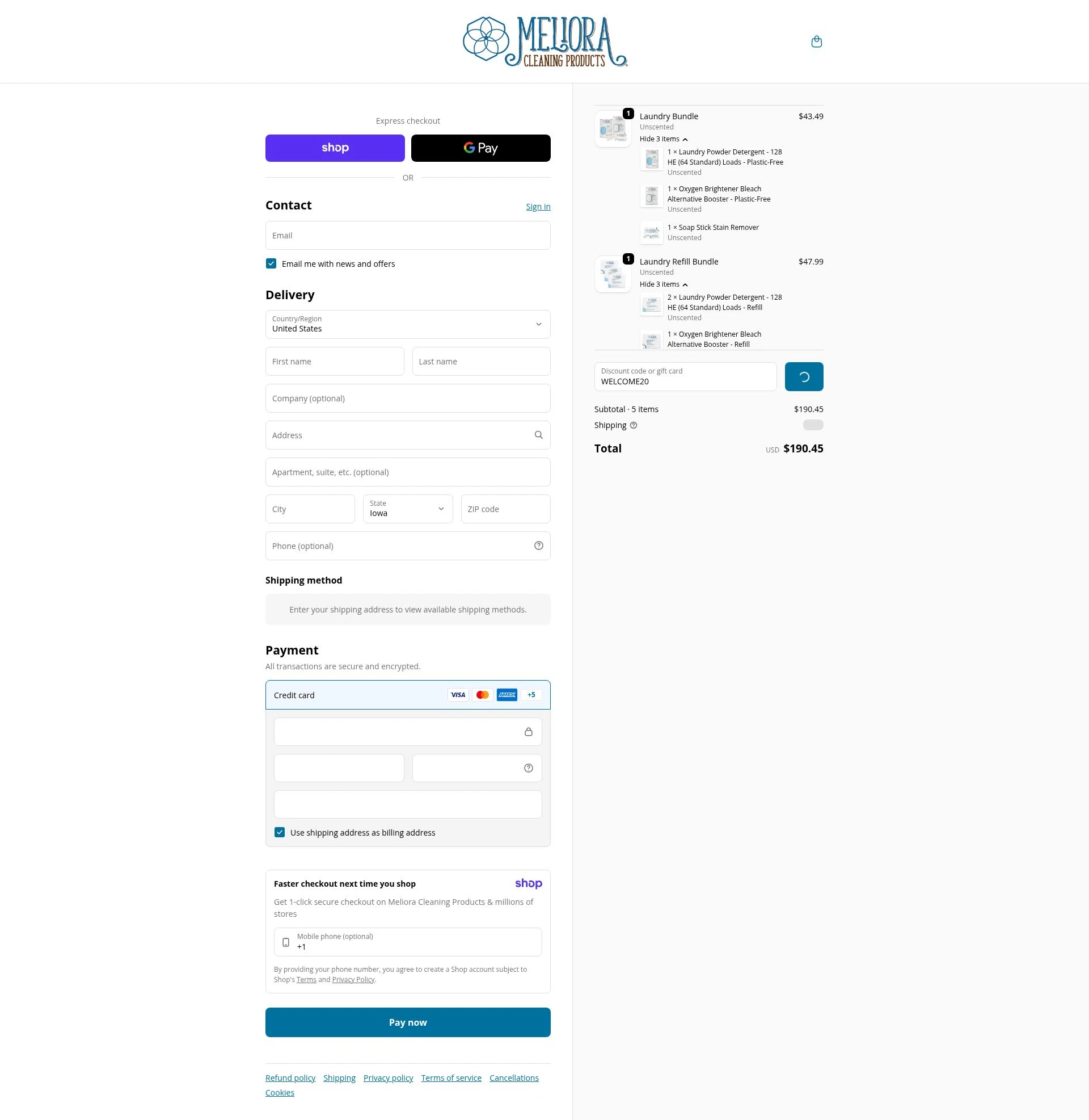 Meliora Cleaning Products checkout page showing Meliora Cleaning Products promo code box | Screenshot taken by SimplyCodes community member on Jan 8, 2026