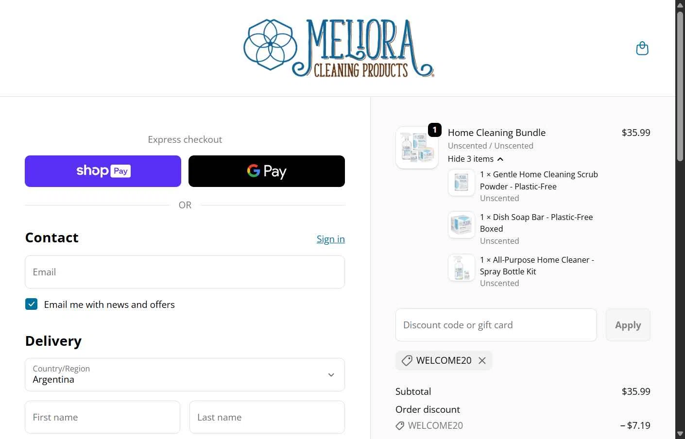 Meliora Cleaning Products checkout page showing Meliora Cleaning Products promo code box | Screenshot taken by SimplyCodes community member on Jan 10, 2026