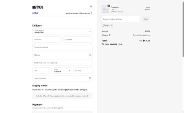 Melissa checkout page showing Melissa discount code box | Screenshot taken by SimplyCodes community member on Sep 10, 2025