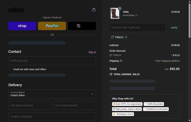 Melissa checkout page showing Melissa discount code box | Screenshot taken by SimplyCodes community member on Sep 9, 2025