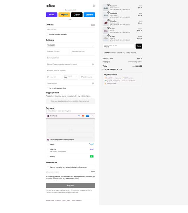 Melissa checkout page showing Melissa discount code box | Screenshot taken by SimplyCodes community member on Sep 12, 2025