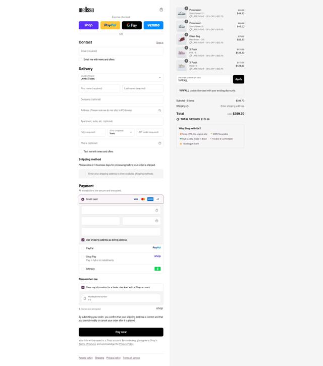 Melissa checkout page showing Melissa discount code box | Screenshot taken by SimplyCodes community member on Sep 12, 2025