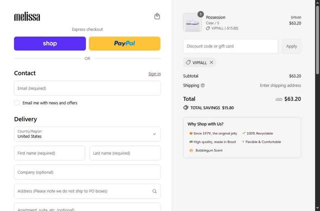 Melissa checkout page showing Melissa discount code box | Screenshot taken by SimplyCodes community member on Sep 9, 2025
