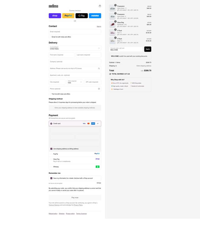 Melissa checkout page showing Melissa discount code box | Screenshot taken by SimplyCodes community member on Sep 12, 2025