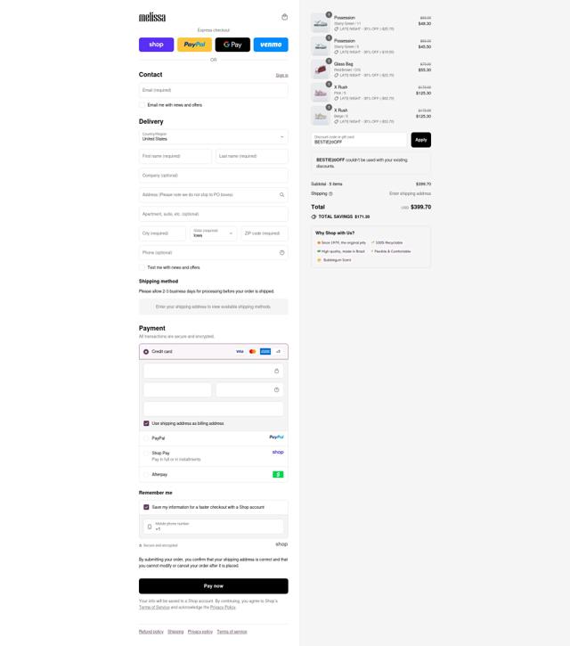 Melissa checkout page showing Melissa discount code box | Screenshot taken by SimplyCodes community member on Sep 12, 2025