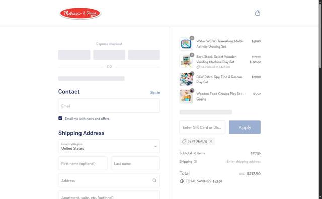 Melissa & Doug checkout page showing Melissa & Doug coupon code box | Screenshot taken by SimplyCodes community member on Sep 15, 2025