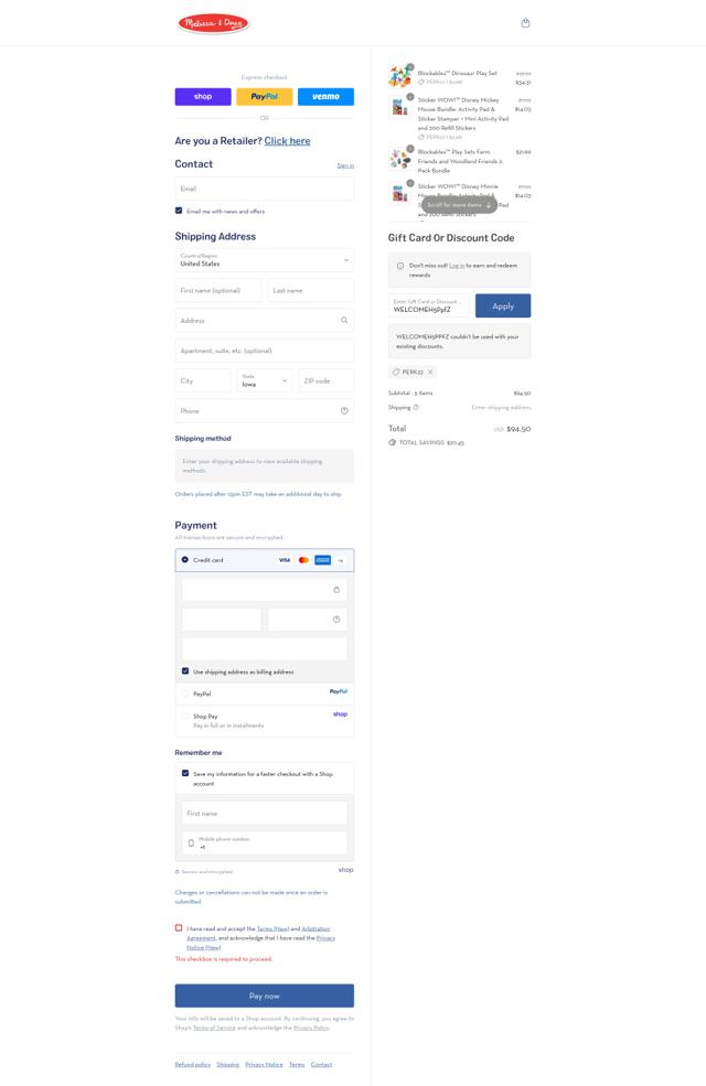 Melissa & Doug checkout page showing Melissa & Doug coupon code box | Screenshot taken by SimplyCodes community member on Sep 10, 2025