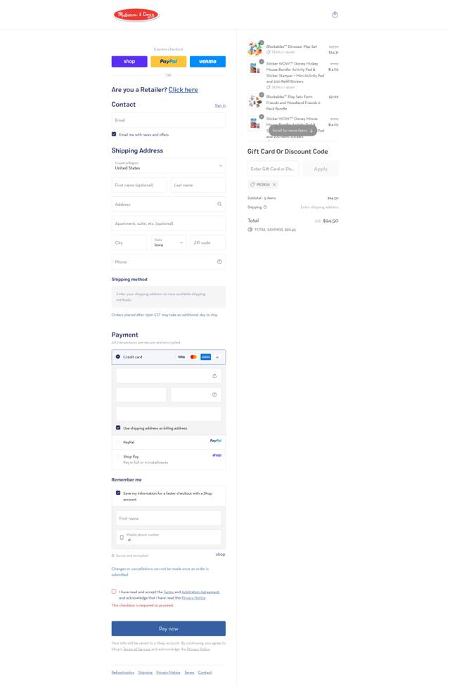 Melissa & Doug checkout page showing Melissa & Doug coupon code box | Screenshot taken by SimplyCodes community member on Sep 14, 2025