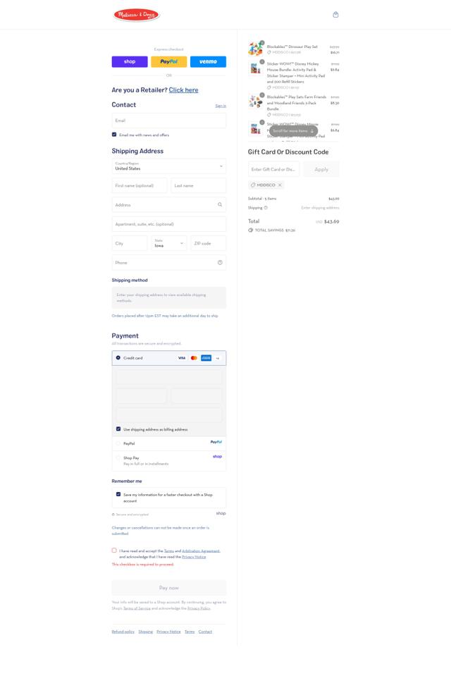 Melissa & Doug checkout page showing Melissa & Doug coupon code box | Screenshot taken by SimplyCodes community member on Sep 14, 2025