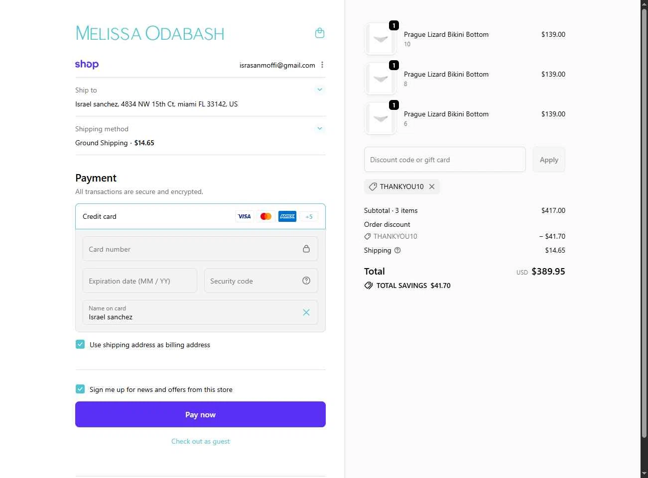 Melissa Odabash checkout page showing Melissa Odabash promo code box | Screenshot taken by SimplyCodes community member on Jan 29, 2026