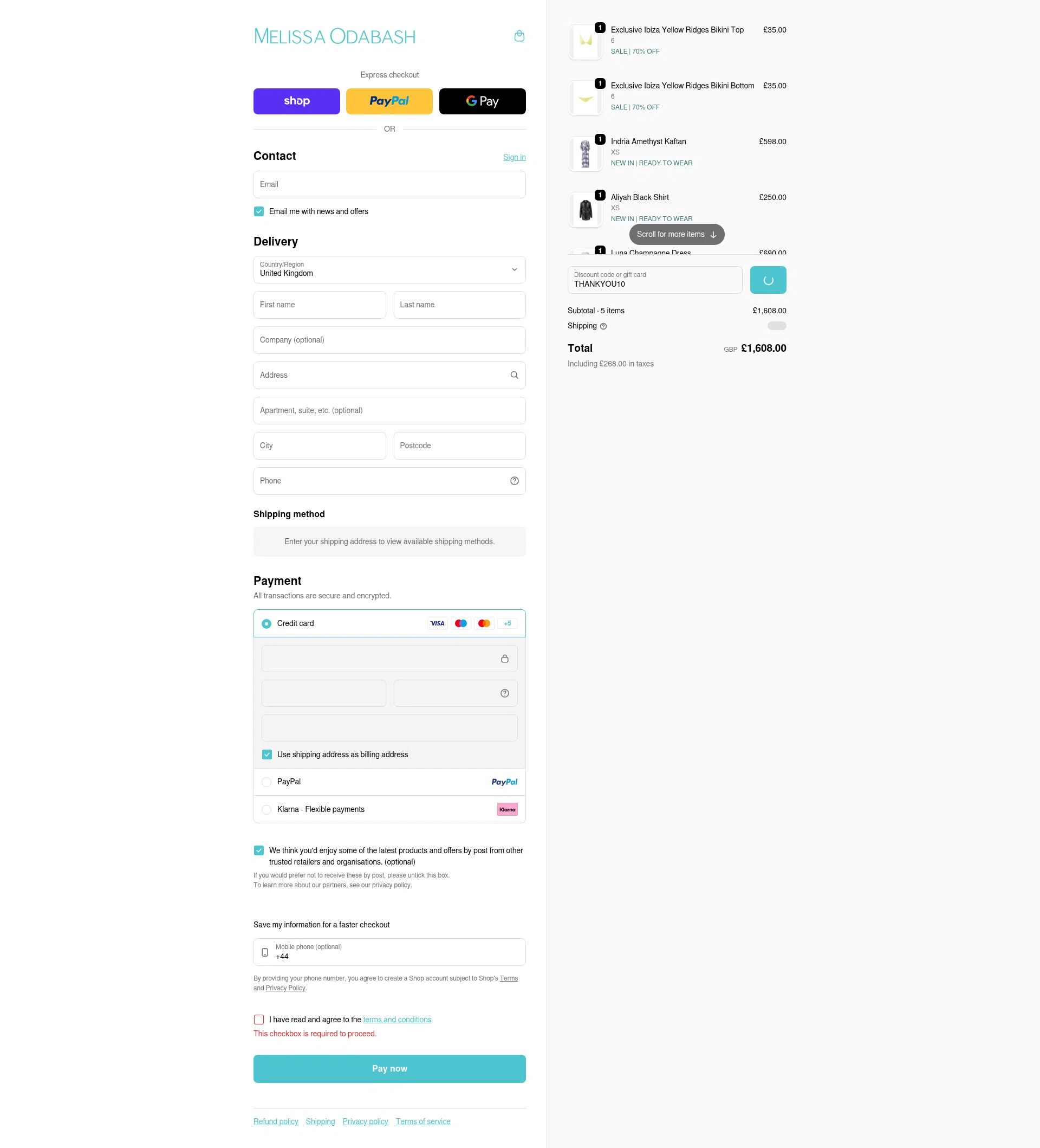 Melissa Odabash checkout page showing Melissa Odabash promo code box | Screenshot taken by SimplyCodes community member on Jan 15, 2026