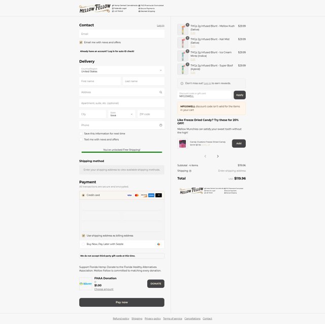 Mellow Fellow checkout page showing Mellow Fellow discount code box | Screenshot taken by SimplyCodes community member on Sep 7, 2025