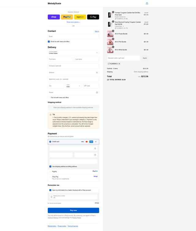 MelodySusie checkout page showing MelodySusie discount code box | Screenshot taken by SimplyCodes community member on Sep 13, 2025