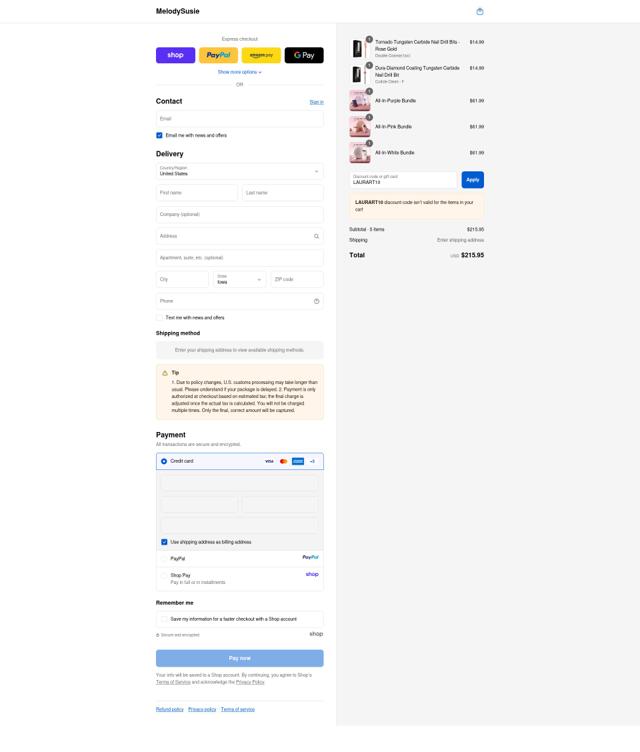 MelodySusie checkout page showing MelodySusie discount code box | Screenshot taken by SimplyCodes community member on Sep 13, 2025