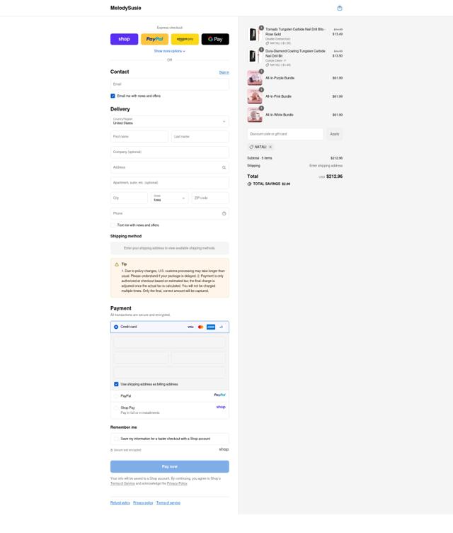 MelodySusie checkout page showing MelodySusie discount code box | Screenshot taken by SimplyCodes community member on Sep 13, 2025