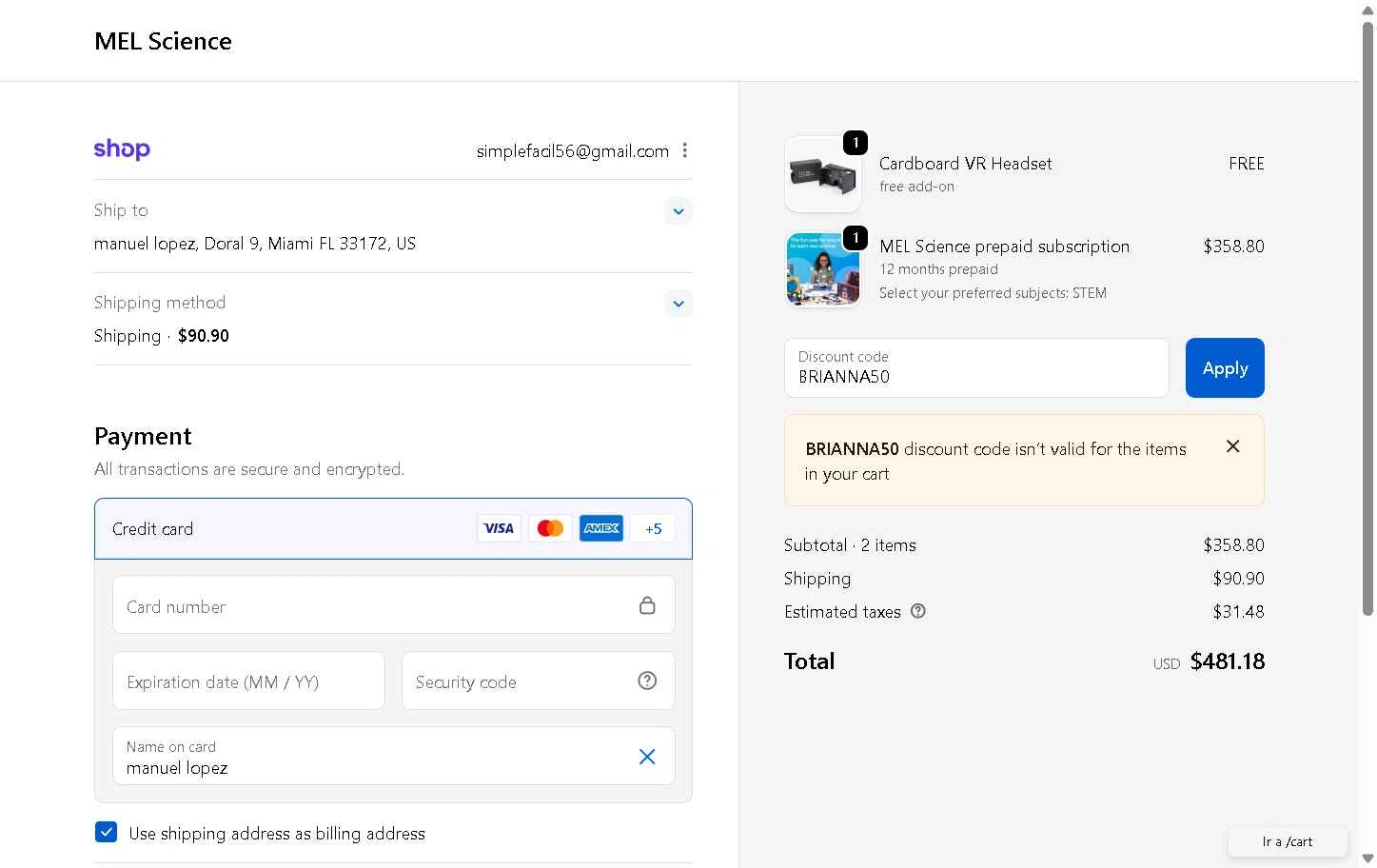 MEL Science checkout page showing MEL Science promo code box | Screenshot taken by SimplyCodes community member on Dec 10, 2025