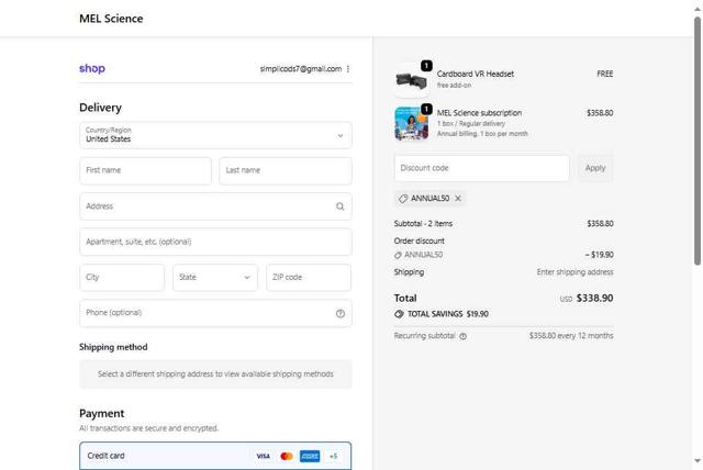 MEL Science checkout page showing MEL Science promo code box | Screenshot taken by SimplyCodes community member on Sep 25, 2025