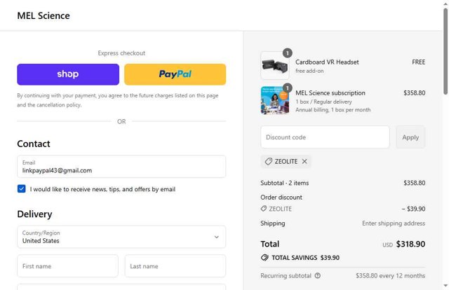 MEL Science checkout page showing MEL Science promo code box | Screenshot taken by SimplyCodes community member on Aug 30, 2025