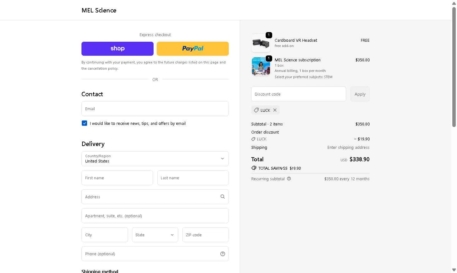 MEL Science checkout page showing MEL Science promo code box | Screenshot taken by SimplyCodes community member on Dec 10, 2025