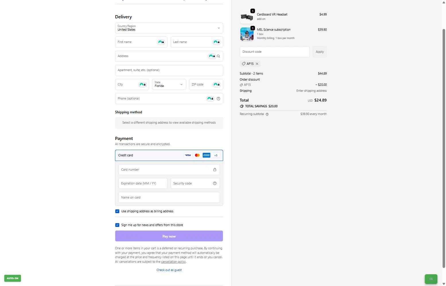 MEL Science checkout page showing MEL Science promo code box | Screenshot taken by SimplyCodes community member on Dec 10, 2025
