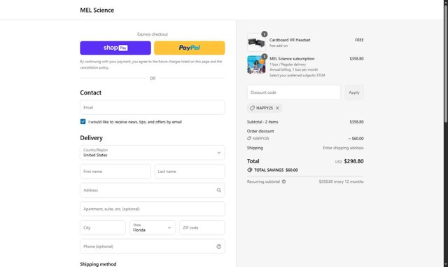MEL Science checkout page showing MEL Science promo code box | Screenshot taken by SimplyCodes community member on Aug 13, 2025