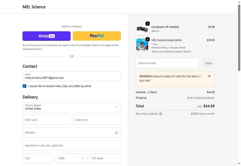 MEL Science checkout page showing MEL Science promo code box | Screenshot taken by SimplyCodes community member on Jan 7, 2026