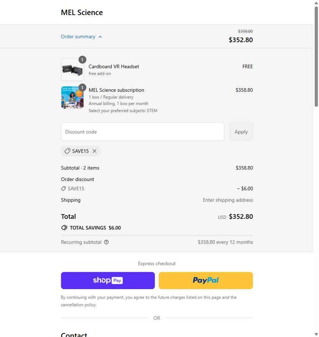 MEL Science checkout page showing MEL Science promo code box | Screenshot taken by SimplyCodes community member on Aug 13, 2025