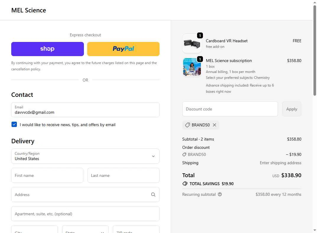 MEL Science checkout page showing MEL Science promo code box | Screenshot taken by SimplyCodes community member on Feb 4, 2026