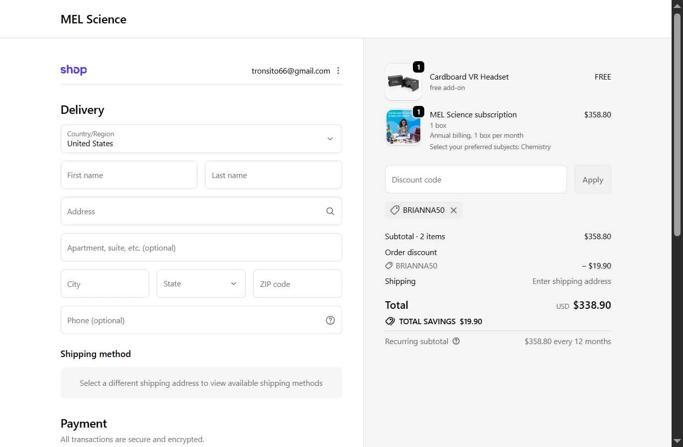 MEL Science checkout page showing MEL Science promo code box | Screenshot taken by SimplyCodes community member on Jan 8, 2026