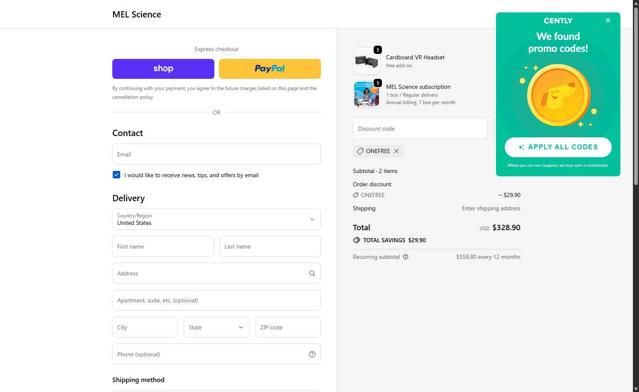 MEL Science checkout page showing MEL Science promo code box | Screenshot taken by SimplyCodes community member on Sep 25, 2025