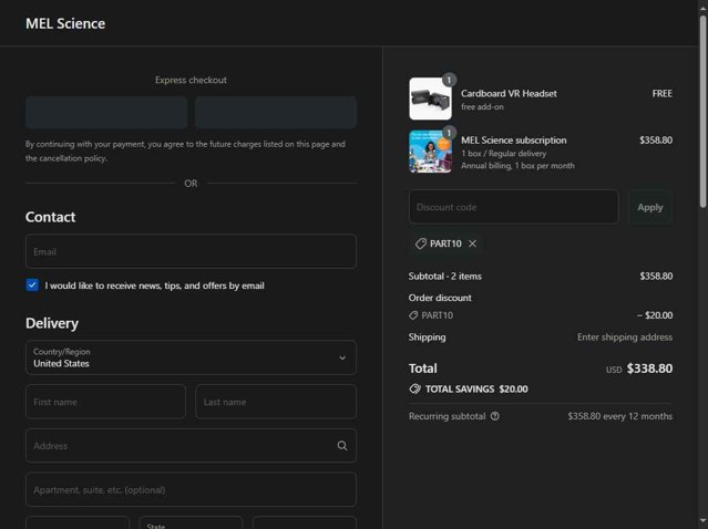 MEL Science checkout page showing MEL Science promo code box | Screenshot taken by SimplyCodes community member on Aug 30, 2025