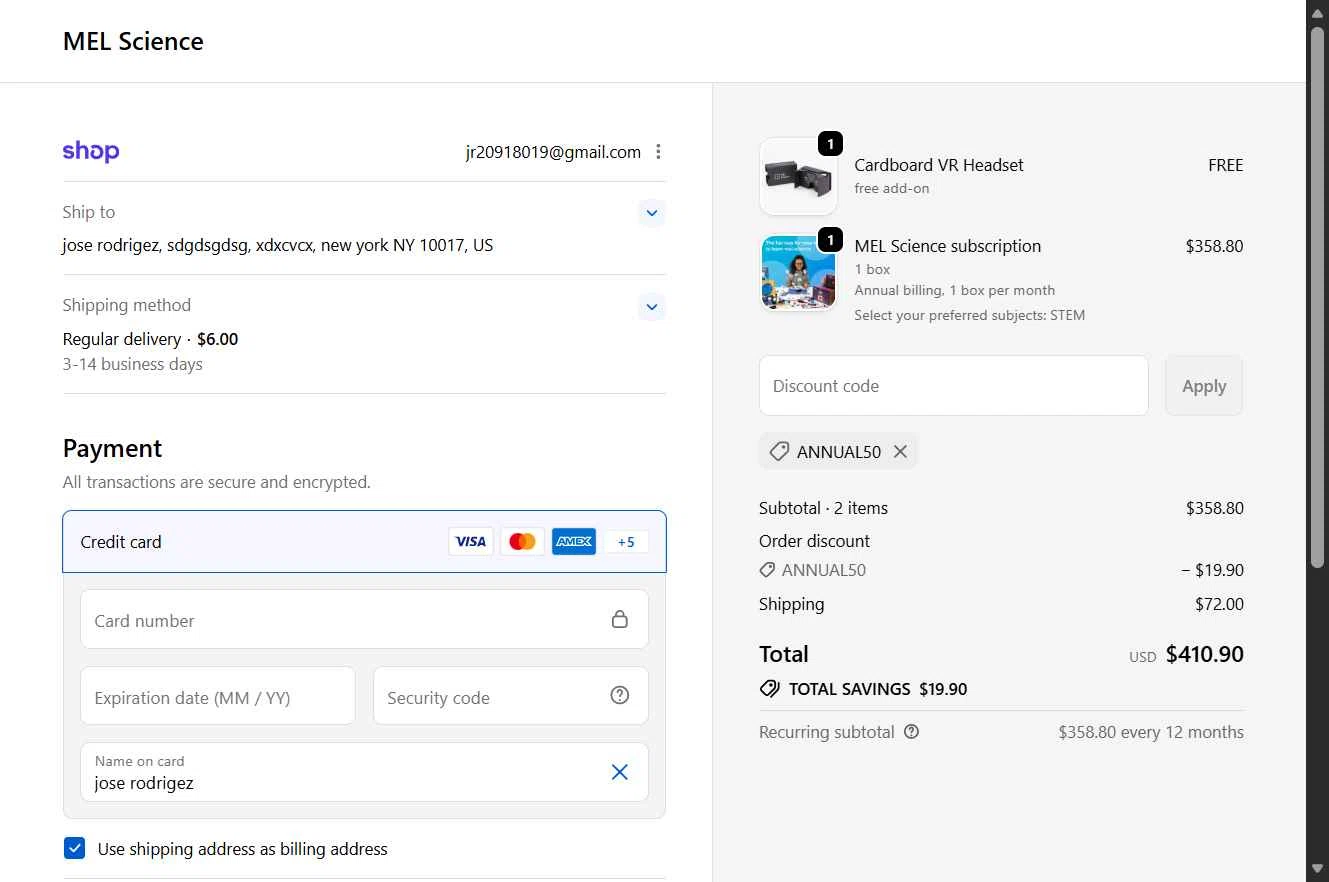 MEL Science checkout page showing MEL Science promo code box | Screenshot taken by SimplyCodes community member on Dec 21, 2025