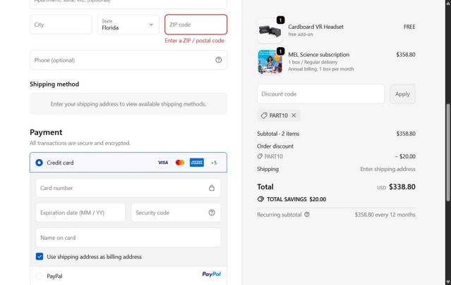 MEL Science checkout page showing MEL Science promo code box | Screenshot taken by SimplyCodes community member on Sep 23, 2025