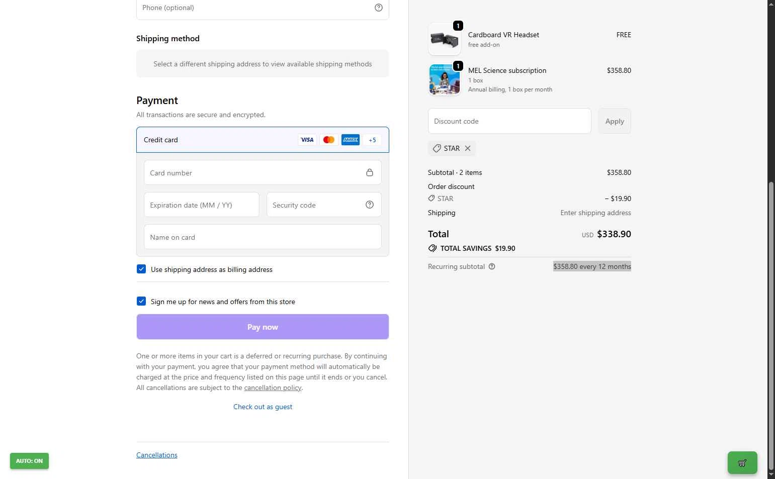 MEL Science checkout page showing MEL Science promo code box | Screenshot taken by SimplyCodes community member on Dec 10, 2025